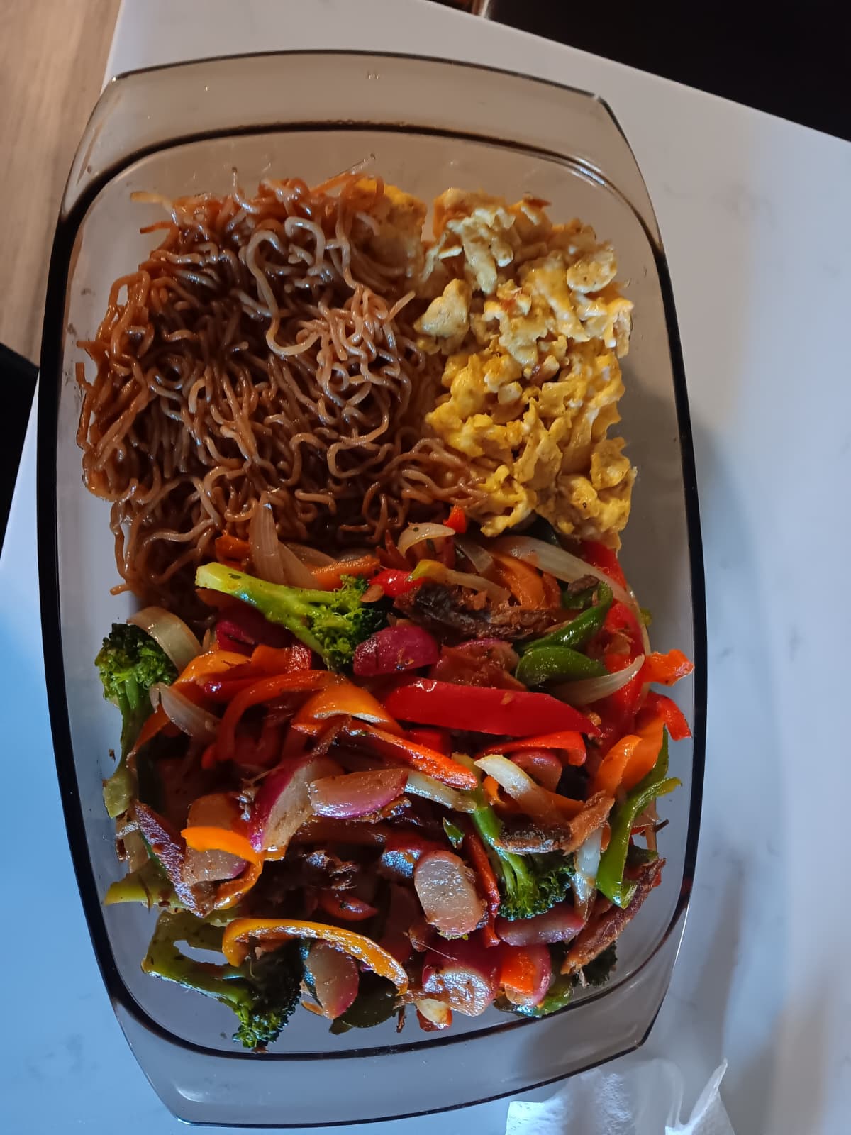 Veggie Meat Baked Fish and Stewed Vegetables, with Konjack Spaghetti